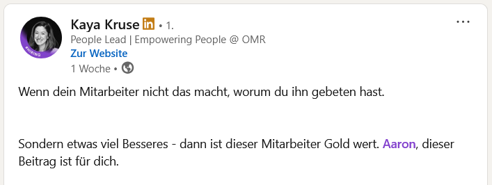 Kaya Kruse LinkedIn Post - Aaron ist Gold wert